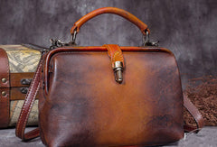 Handmade Tan Leather Handbag Vintage Doctor Bag - Bill Slots Detail