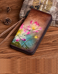 Womens Lotus Flowers Coffee Leather Wristlet Wallets Zip Around Wallet Flowers Ladies Zipper Clutch Wallet for Women