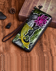 Womens Carp&Lotus Flower Yellow Leather Zip Around Wallet Wristlet Wallet Floral Ladies Zipper Clutch Wallet for Women