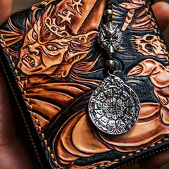 Handmade Leather Chinese Black&White Tooled Mens Small Wallet Cool Leather Wallet billfold Wallet for Men