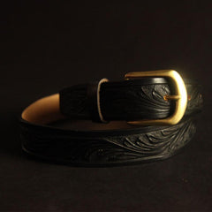 Handmade Vintage Yellow Brown Floral Tooled Leather Mens Belt Carved Leather Belt for Men