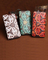 Vintage Womens Floral Red Leather Zip Around Wallet Floral Ladies Zipper Clutch Wallet for Women