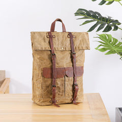 Waxed Canvas Leather Mens 15‘’ Green Waterproof Backpack Khaki Travel Backpack Hiking Backpack for Men