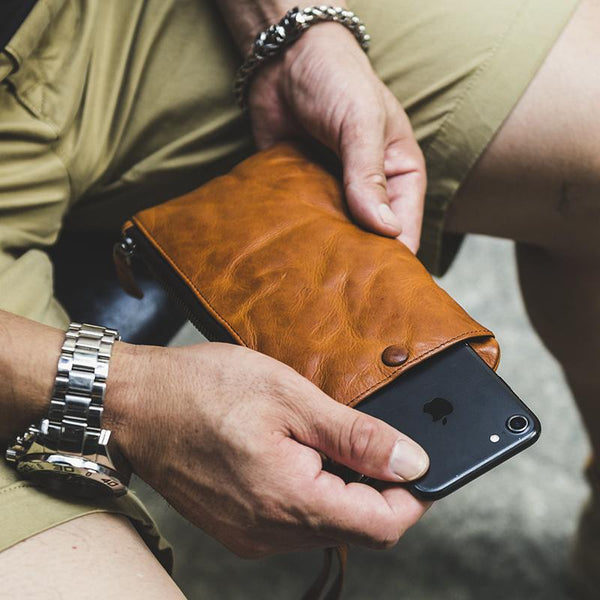 Cool Tan Leather Mens Long Wallet Clutch Wallet Black Wristlet Long Wallet Phone NY01982035