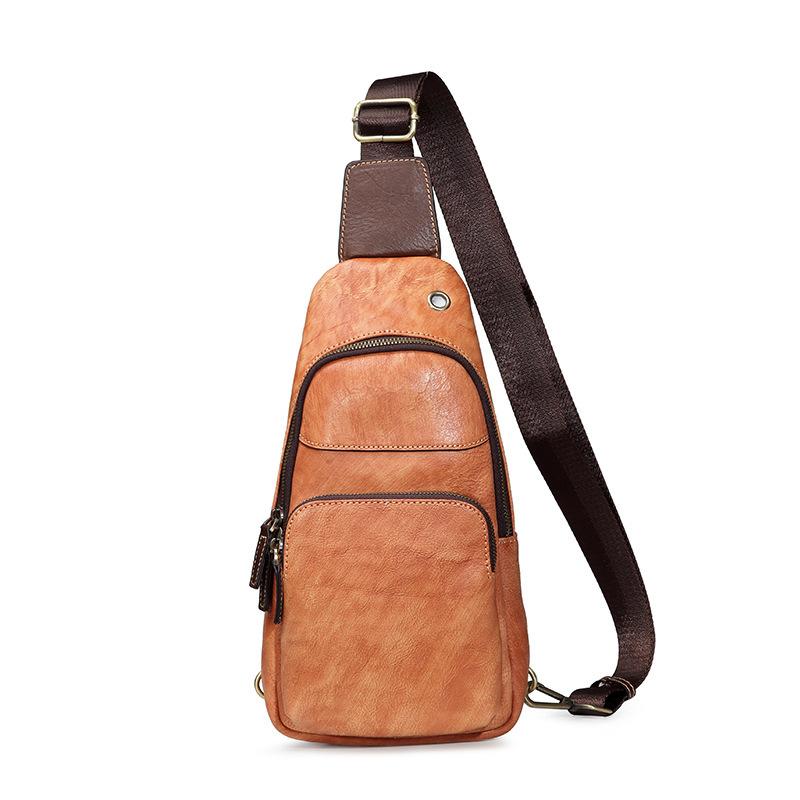 Brown Cool LEATHER MENS 8 inches Sling Bag Yellow One Shoulder Backpack Gray Chest Bag For Men