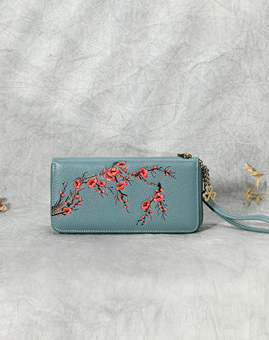 Handmade Embroidery Blue Leather Wristlet Wallet Womens Zip Around Wallets Flowers Plum Blossom Ladies Zipper Clutch Wallet for Women