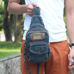 Jean Vintage Blue Messenger Bag Chest Bag Jean Blue One Shoulder Backpack For Men