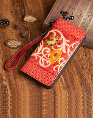 Vintage Floral Brown Leather Wristlet Wallet Womens Zip Around Wallets Floral Ladies Zipper Clutch Wallets for Women
