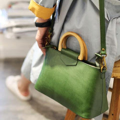 Green Leather Handbags Wooden Top Round Handle Satchel Bag - Annie Jewel