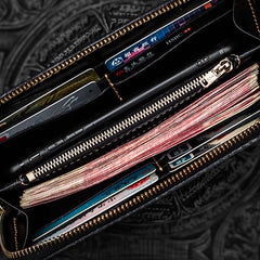 Handmade Leather Mens Chinese Handwriting Biker Chain Wallet Cool Leather Wallets Long Wallets for Men