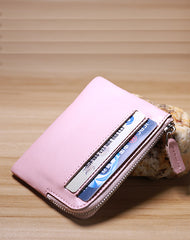 Slim Women Pink Leather Card Wallet Minimalist Zip Billfold Card Holder Wallet Coin Wallet For Women