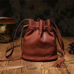 Fashion Leather Brown Bucket Shoulder Bag Barrel Purse With Tassels For Women