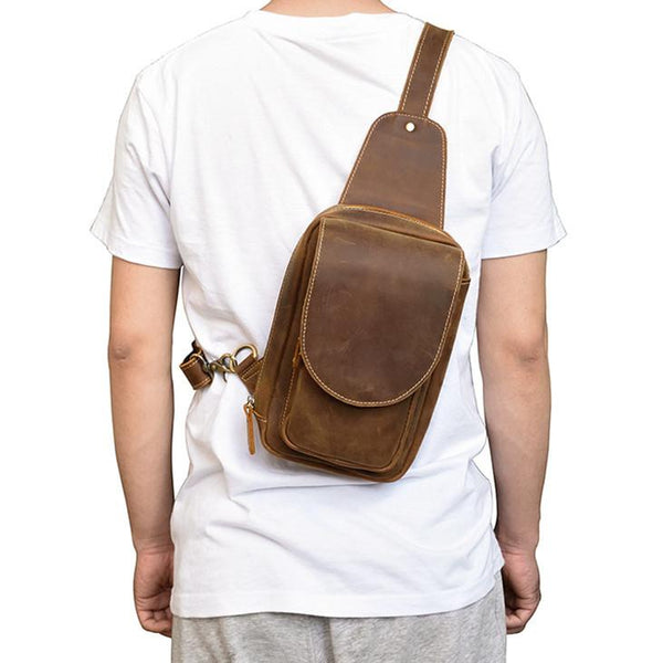 Leather Men's 8 inches Brown Sling Bag - Back View
