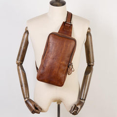 Brown Leather Mens 10 inches Sling Bag Sling Pack Casual Chest Bags One Shoulder Backpack for Men