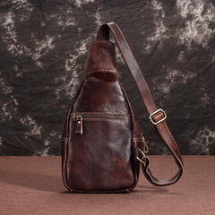 Tan Cool LEATHER MENS 8 inches Sling Bag One Shoulder Backpack Brown Chest Bag For Men