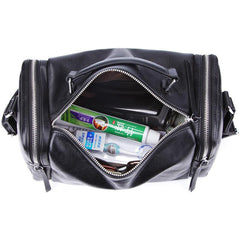 Fashion Black Leather Men's Small Barrel Side Bag Messenger Bag Small Black Overnight Bag For Men
