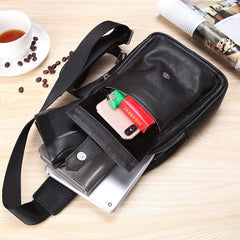 Black Mens Leather Sling Bag Chest Bag One shoulder Black Backpack Sports Bag For Men
