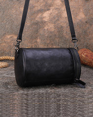 Vintage Black Gray Leather Womens Barrel Shoulder Bag Bucket Crossbody Purse for Women