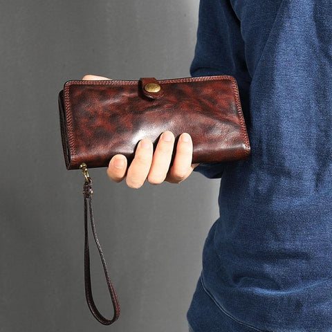 Leather Mens Cool Vintage Wallet Bifold Long Leather Biker Wallet Black Clutch Wristlet Wallet for Men
