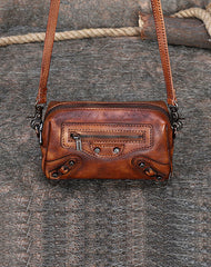 Vintage Womens Brown Leather Wristlet Wallets Mini Shoulder Bag Small Crossbody Bag for Women