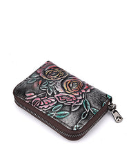Womens Green Leather Small Zip Around Wallet Rose Billfold Wristlet Wallet Floral Ladies Zipper Small Card Wallet for Women