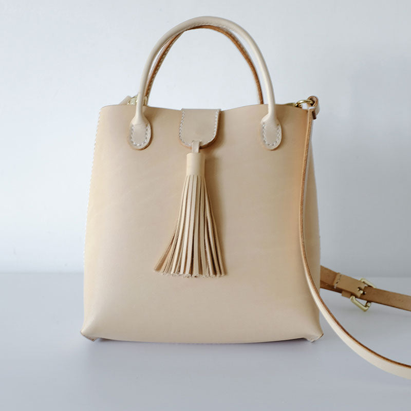 Handmade Leather Beige Womens Handbag Shoulder Bag Crossbody Purse Tassels for Women