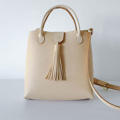 Handmade Leather Beige Womens Handbag Shoulder Bag Crossbody Purse Tassels for Women