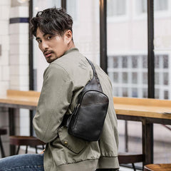 Casual Black Leather Mens Sling Bag Chest Bag Black Sling Shoulder Bag One Shoulder Backpack for Men