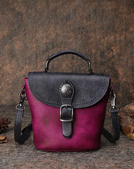 Vintage Leather Womens Bucket Green Shoulder Bag - Open View