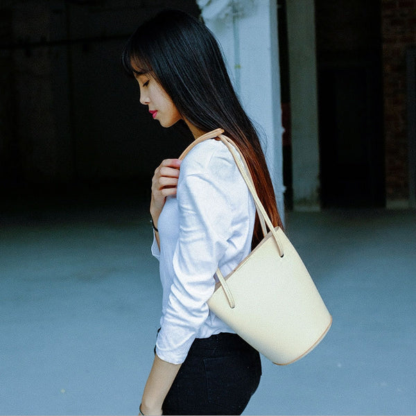 Handmade Leather Beige Womens Bucket Purse Barrel Shoulder Bags for Women ZOWU02981035