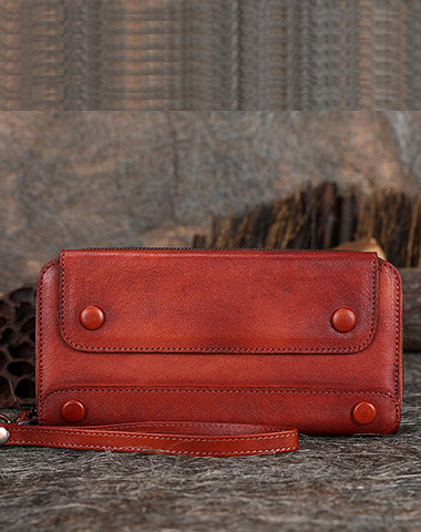Vintage Red Leather Wristlet Wallets Womens Zip Around Wallet Ladies Bifold Clutch Wallet for Women