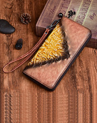 Womens Flowers Red Leather Zip Around Wallet Wristlet Wallet Floral Ladies Zipper Clutch Wallet for Women