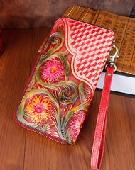 Handmade Vintage Flowers Floral Red Leather Wristlet Wallet Womens Zip Around Wallets Flowers Ladies Zipper Clutch Wallet for Women