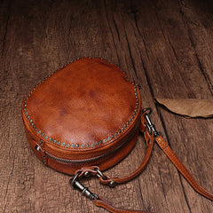 Vintage Brown Leather Womens Round Handbag Black Shoulder Circle Bag Purse For Women