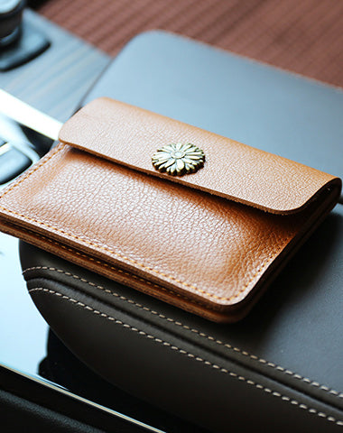 Cute Women Tan Leather Mini Card Wallet Sunflower Coin Wallets Slim Change Wallets For Women