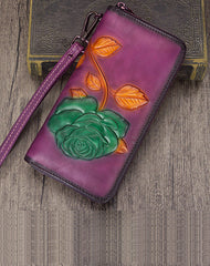 Vintage Rose Flower Green Leather Wristlet Wallet Womens Rose Zip Around Wallets Flower Ladies Zipper Clutch Wallet for Women