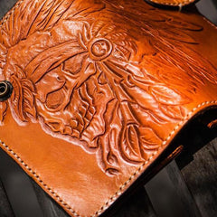Handmade Leather Tooled Skull Indian Chief Biker Wallets Mens Cool billfold Chain Wallet Trucker Wallet with Chain