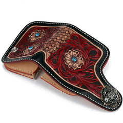 Handmade Leather Small Tooled Floral Mens billfold Wallet Cool Chain Wallet Biker Wallet for Men
