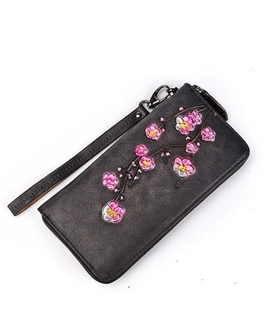 Womens Plum Blossom Flower Brown Leather Zip Around Wallet Wristlet Wallet Flowe WW00991010