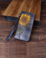 Handmade Sunflower Red Leather Wristlet Wallet Womens Zip Around Wallets Sunflower Ladies Zipper Clutch Wallet for Women