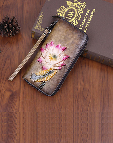 Womens Lotus Flower Brown Leather Wristlet Wallets Zip Around Wallet Flower Ladies Zipper Clutch Wallet for Women