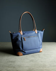 Womens Navy Nylon Shoulder Tote Large Dark Blue&Brown Nylon Handbag Purse for Ladies