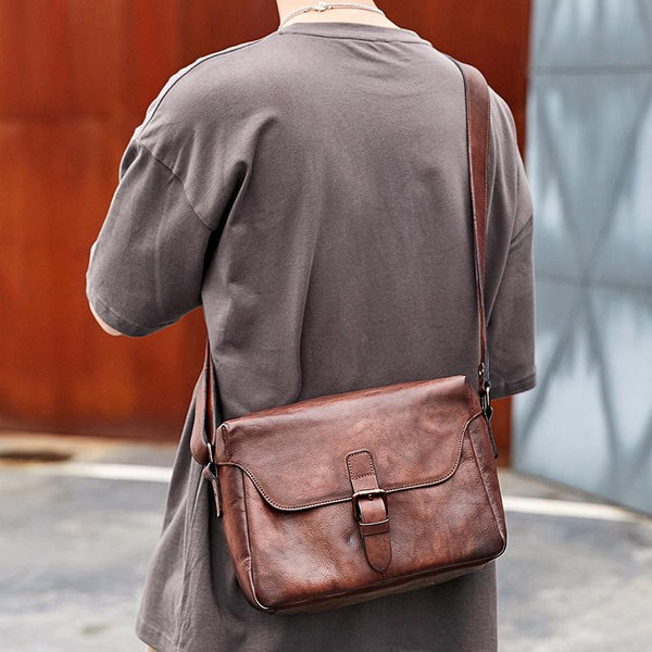 Cool Brown Men Leather Camera Side Bag - Back View
