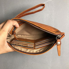 Handmade Genuine Leather Mens Clutch Cool Slim Wallet Zipper Clutch Wristlet Wallet for Men