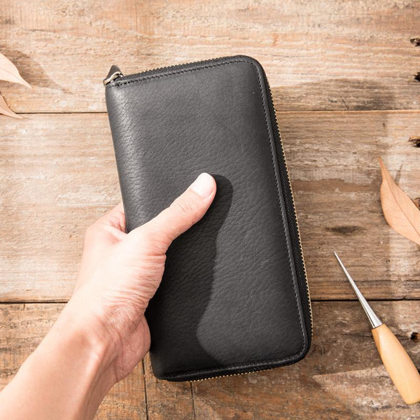 Cool Black Leather Mens Zipper Clutch Wallet - Back View