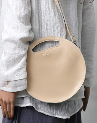 Cute Round LEATHER Handbag White WOMEN Circle SHOULDER BAG Small Crossbody Purse FOR WOMEN