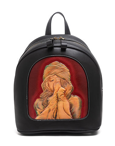 Handmade Ladies Black Leather Small Backpack Sunflower Tooled Womens Leather Ruc TPJ03291003