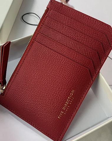 Cute Women Red Leather Slim Card Holder Card Wallet Zipper Change Wallet For Women