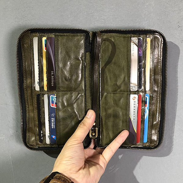 Vintage Green Leather Mens Bifold Long Wallet - Back View