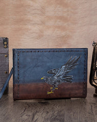 Vintage Handmade Blue Leather Wristlet Wallet Womens Eagle Large Zip Purse Zipper Clutch Bag for Women